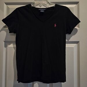 Ralph Lauren Black V-Neck Tee with Pink Pony Logo